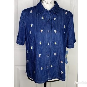 Napa Valley Petite Short Sleeve Denim Marina Sailboat Top Navy Blue Size Med